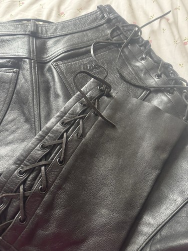 Echtes Leder Pants Vintage Genuine Leather Lace Up Sides Black Motorcycle Biker - Picture 7 of 9