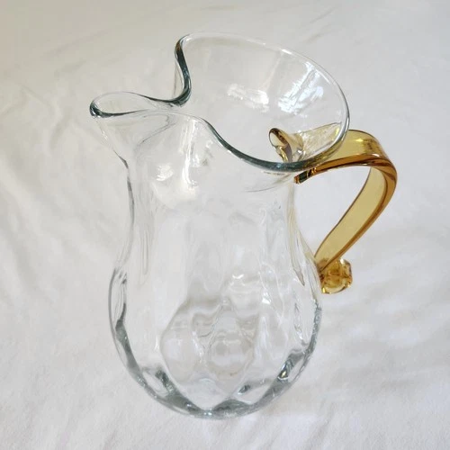 Vtg. Mcm Blenko Hand Blown Pinched Glass Pitcher Amber Handle Original Sticker