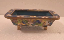 Vintage Chinese Asian Cloisonne Salt Cellar Open Floral Decorated Blue Rectangle