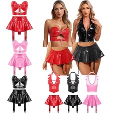 Womens Wet Look Leather Lingerie Set Underwear Hollow Out Bra Tops  Miniskirts