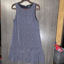 Lauren Ralph Lauren Geometric Shift Dress Navy White Ruffle Sleeveless 12