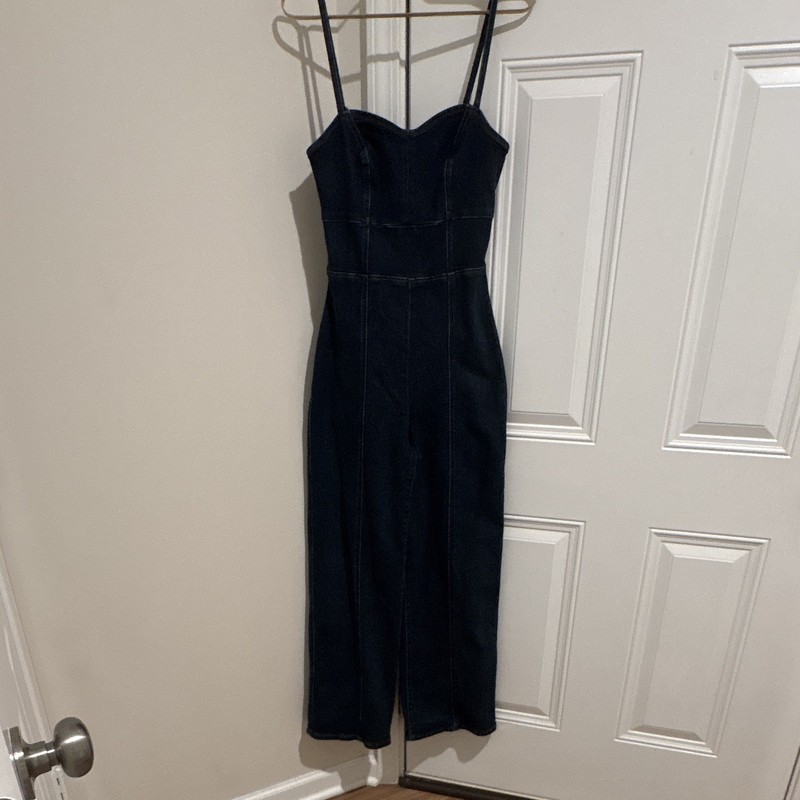 Express Women’s Black Denim Sweetheart Spaghetti Strap Zip Jumpsuit S
