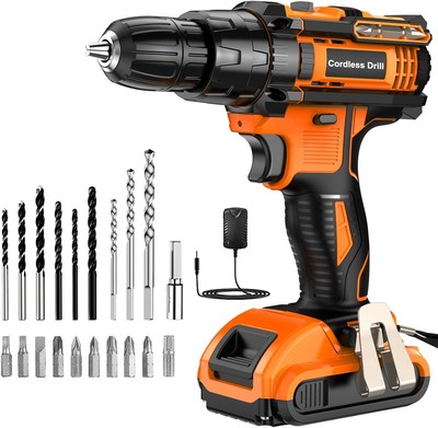Trapano Avvitatore A Batteria 21V 42Nm - 2 Batterie 2.0Ah, 25+3 Coppie, Mandrino 10mm, 14 Accessori