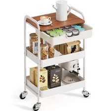 3-Tier Metal Utility Rolling Cart with Drawer & Wooden Table Top, Storage Car...