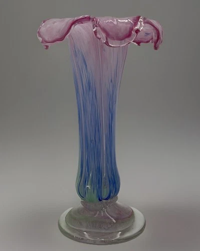 VTG Murano Style MCM Art Glass Petal Confetti Vase Hand Blown Blue Pink Green