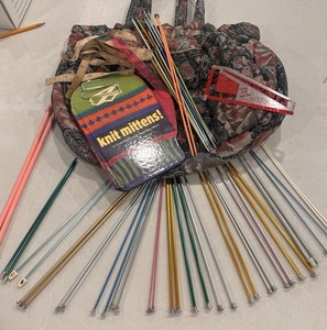 Vintage Knitting Lot 19 Sets Of Needles, Bag For Yarn And Needles, Mitten Book