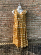 Beachy Cottagecore Relaxed Boho Yellow Linen Striped Tiered Midi Dress XL Ruffle