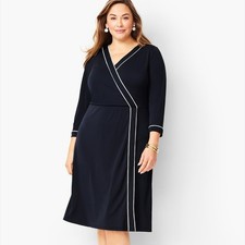 Talbots Navy Blue White Trim Faux Wrap Event Business Casual Dress Size L