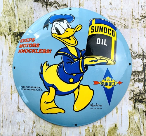 VINTAGE 12" SUNOCO OIL DONALD DUCK DISNEY MOTOR PORCELAIN GAS STATION PUMP SIGN