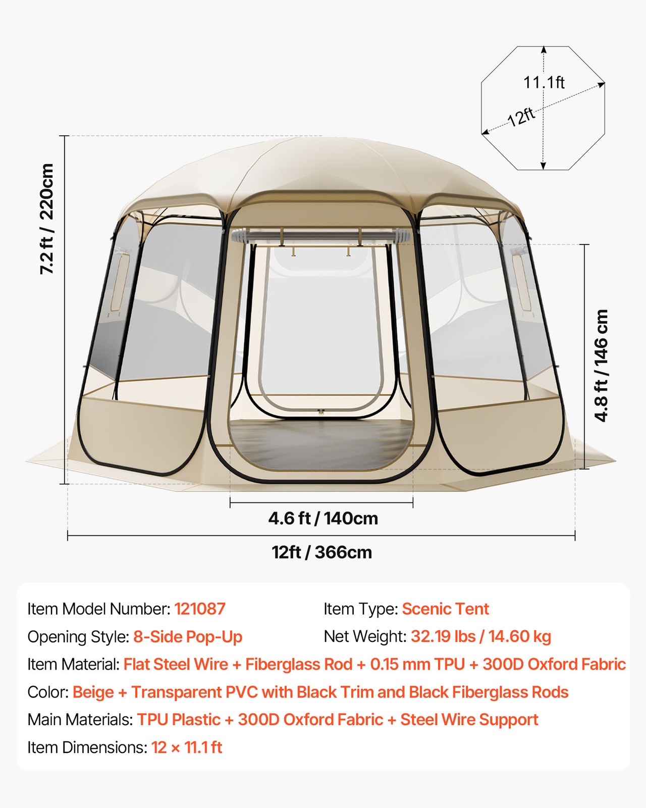 Uimoso Pop-Up Clear Bubble Tent 12'x11.1' WeatherProof 10-12 Person Instant Tent