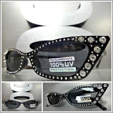 Classy Retro Cat Eye Style SUN GLASSES Black Frame Sparkling Bling Rhinestones