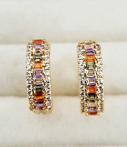 Authentic Gold Plated CZ Multicoloured Hoop Huggie Statement Earrings + Gift pouch