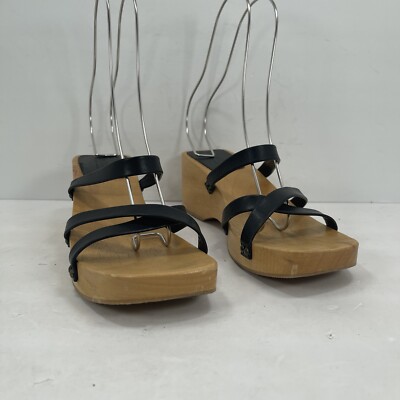 Crew Italian Leather Wood Block Heel Strappy Leather Platform Sandal  Clog