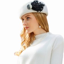 White Wool Beret Hats Women Pillbox Feather Berets Cocktail Wedding Party Hat