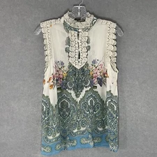 Bila Top Women Sz M Floral Lace Detail Buttons Dainty Sleeveless High Neck Boho