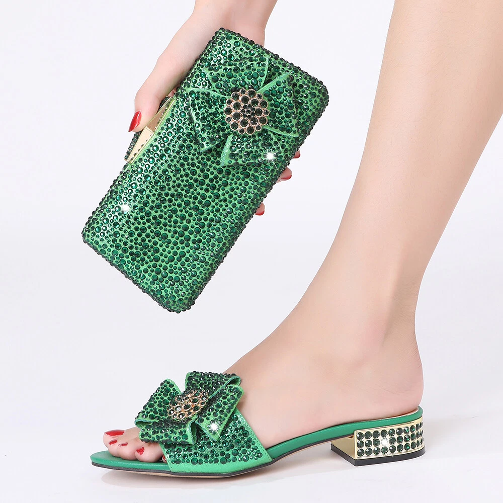 Italian Design Sandals Low 3 CM Women s Rhinestone Shoes and Bag Set Green comfy