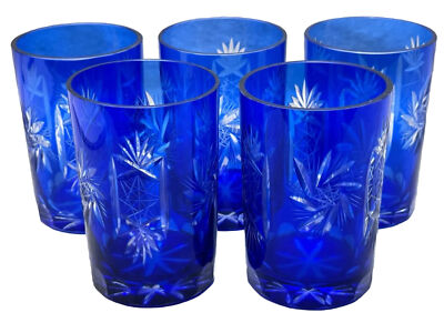 Vintage Cobalt Blue Cut Glass Clear Tumblers Barware Cocktail Glasses 4