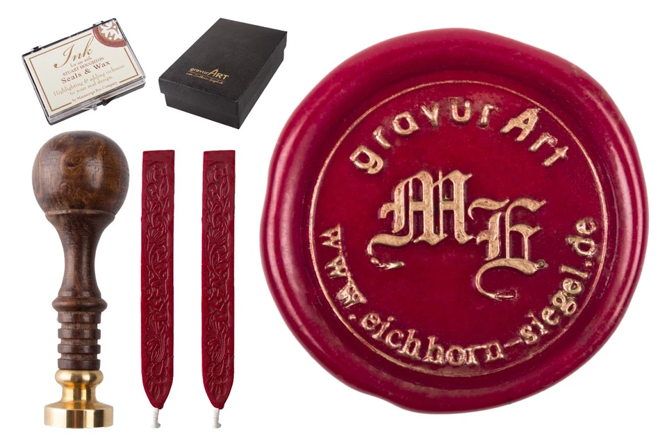 SIEGELSET GravurART SIEGELSTEMPEL PETSCHAFT INITIALEN + RUNDTEXT + SIEGELWACHS