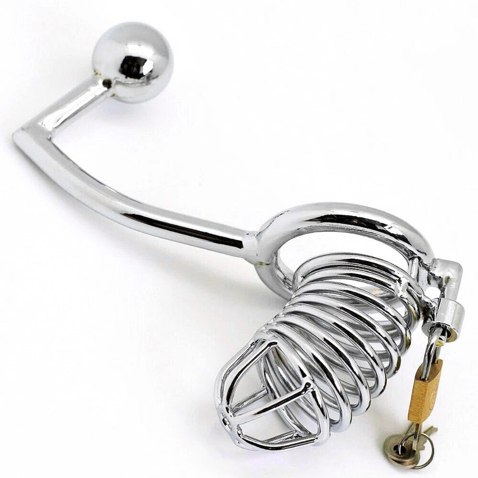 Combo de jaula de pene enchufe anal bloqueo de jaula de castidad para hombres dispositivo de retención masculino juguete Foto 2 de 4