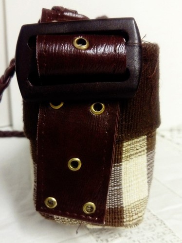 VINTAGE UNUSUAL CORD, BROWN CHECK BAGUETTE SHOULDER BAG PLAITED LEATHER STRAP - Picture 2 of 7