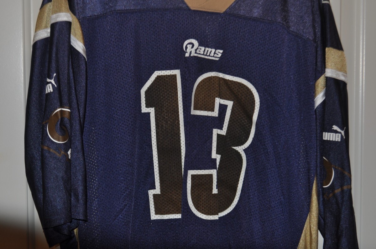 Vtg NFL Kurt Warner St Louis Rams #13 Blue 7 Gold Jersey