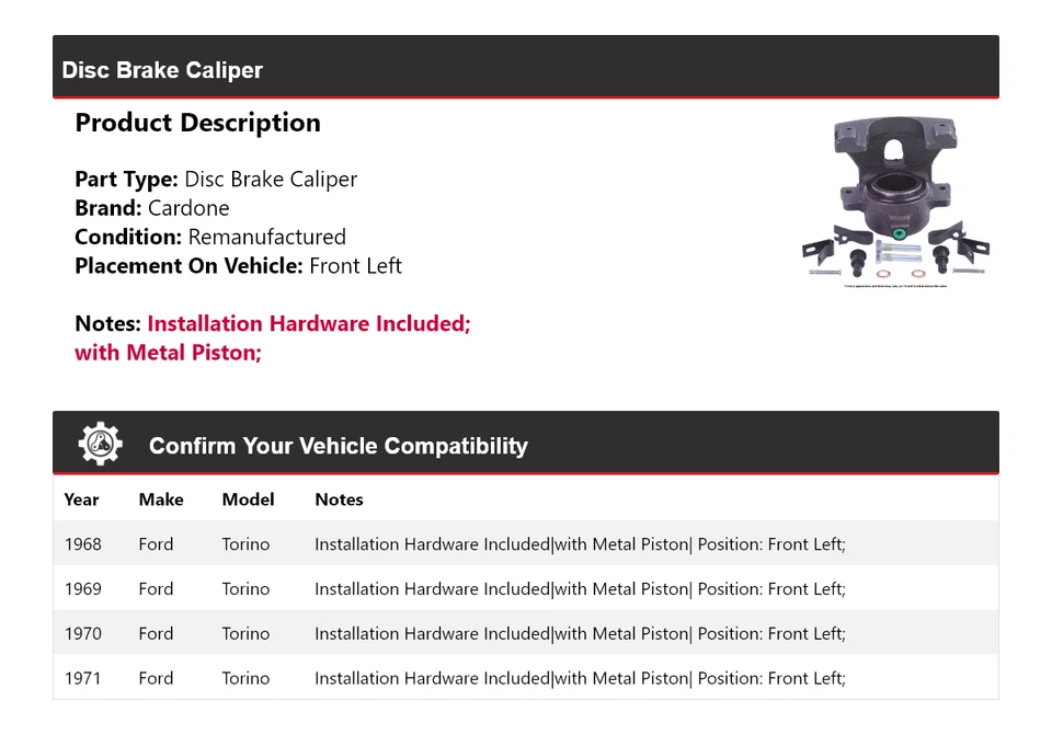 For 1968-1971 Ford Torino Disc Brake Caliper Front Left Cardone 1969 1970 - Image 2 of 4