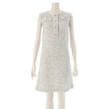 CHANEL Tweed CC Logo Pearl Button Sleeveless Fitted Dress P53463 White Size 36
