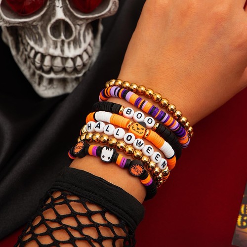 Halloween Heishi Bracelets Pumpkin Ghost Boo Surfer Stretch Bracelet Holiday Sta - Picture 3 of 7