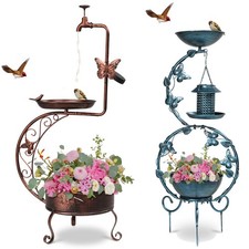 93-95 cm Metal Bird Bath with Solar Light Sturdy Flower Planter Base Bird Feeder