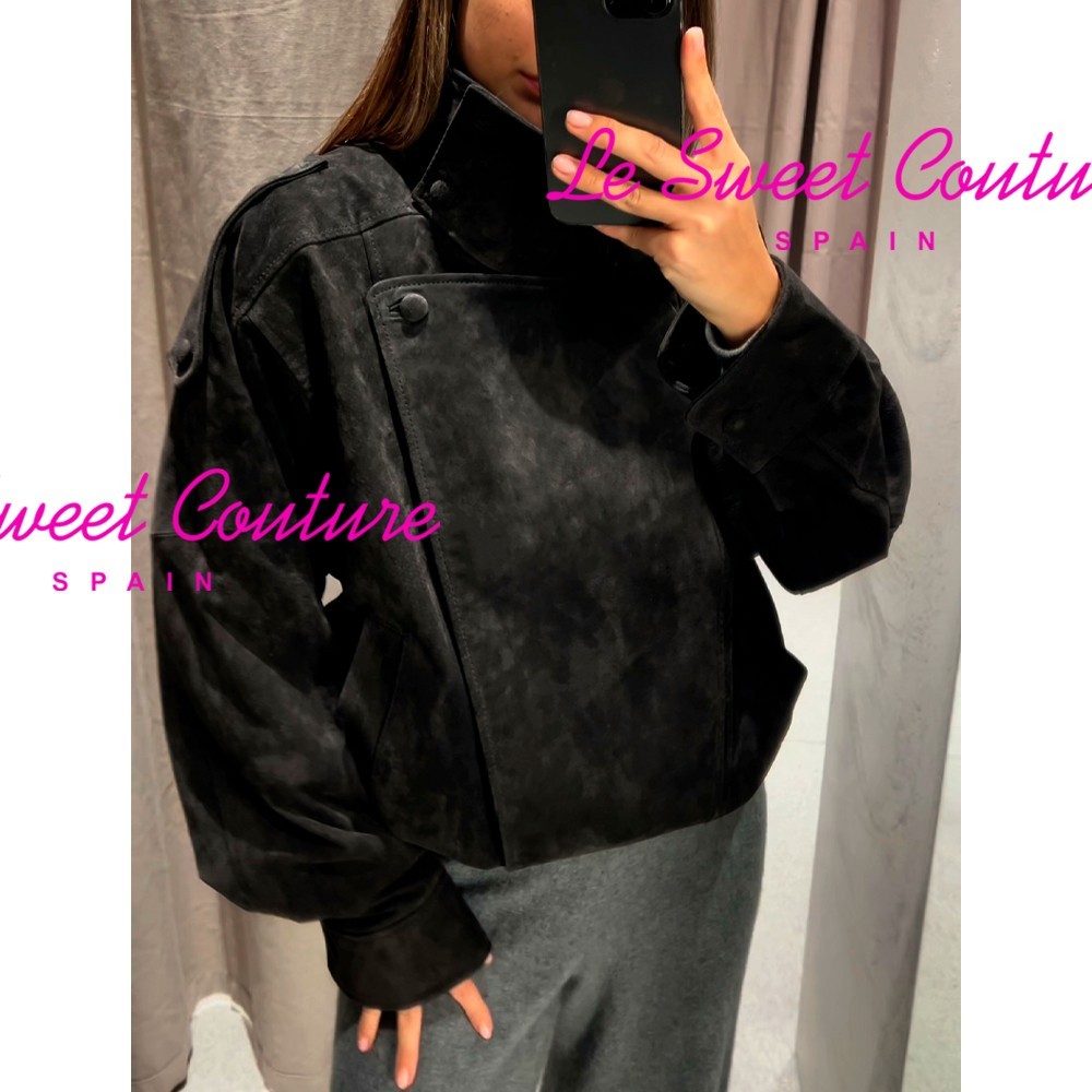 ZARA WOMAN FW25/26 CHARCOAL 100% SUEDE BIKER JACKET COVERED