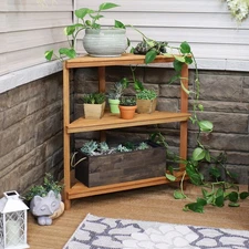 Meranti Wood/Teak Oil Finish 3-Tier Corner Plant Stand - 36 in by Sunnydaze
