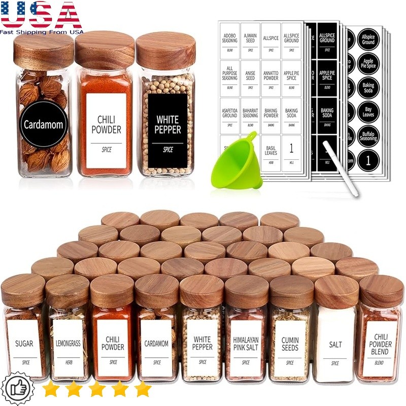 36 Glass Spice Jars Set W/ Acacia Wood Lids Labels Silicone Funnel Shaker New