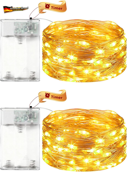 Viky 2 Stk Led Lichterkette Batterie Mit Timer,12M 120 Led Micro Kupferdraht Lic-image