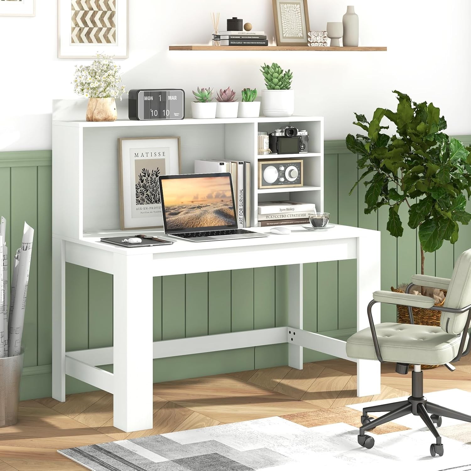 Computer Desk with Hutch Shelves Storage Writing Table Home Office White 118cm