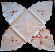 Vintage Scalloped Embroidered Table Topper Pansy Floral Centerpiece 17" Square
