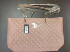 Badgley Mischka Pink Quilted Tote Bag Gold Hardware Chain Shoulder Strap Zip