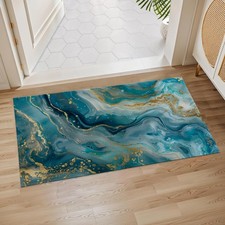 Blue Gold Marble Abstract Indoor Door Mat, 17x29.5 Inch, Floor Area Rug for E...