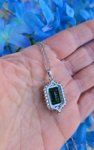 Lovey Emerald & Topaz Halo Pendant & Chain, Rhodium/Silver, 18" - Picture 14 of 14