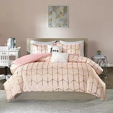 Intelligent Design Khloe Metallic Printed Set QUEEN Pink Gold comforter shams