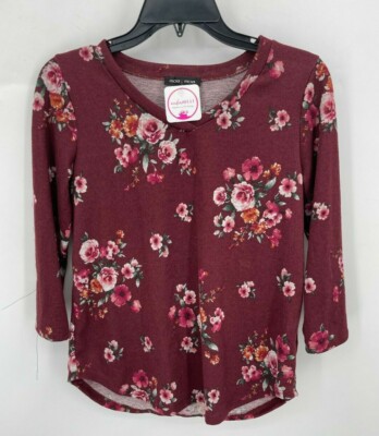 Moa Moa Womens Size S Floral Blouse Top Long Sleeves V-Neck Maroon Multicolor