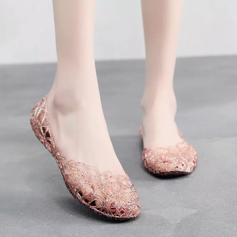 Women Comfy Round Toe Jelly Flat Soft Sandals Hollow Out Glitter Shoes  Loafers