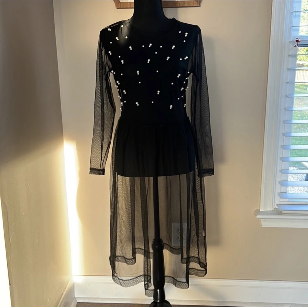 Zara Blue Transparent Tulle Mesh Midi Dress with Pearls Size S eBay