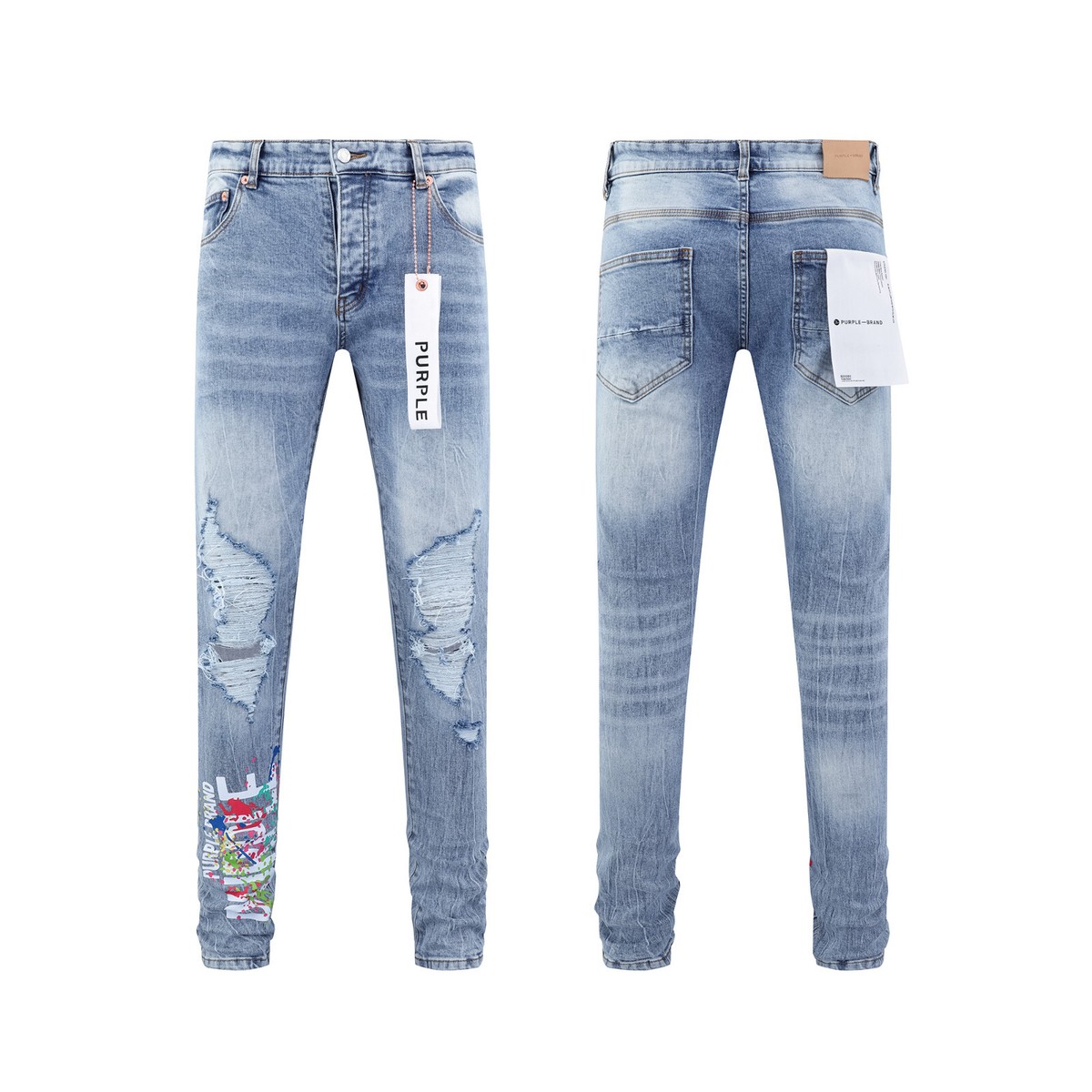Blue Purple Brand Men Distressed Denim Pants Splash-ink Graffiti