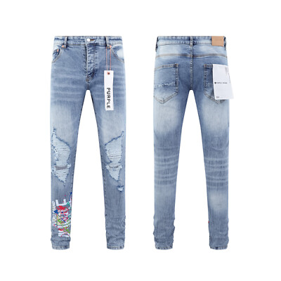 Blue Purple Brand Men Distressed Denim Pants Splash-ink Graffiti
