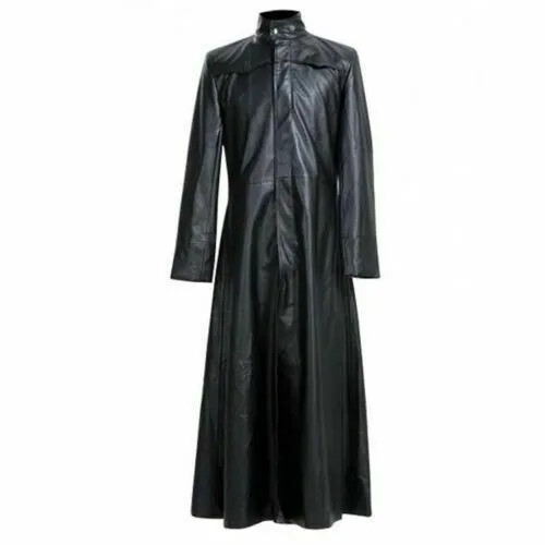 Neo Matrix Trench Coat Keanu Reeves Black Real Leather Long