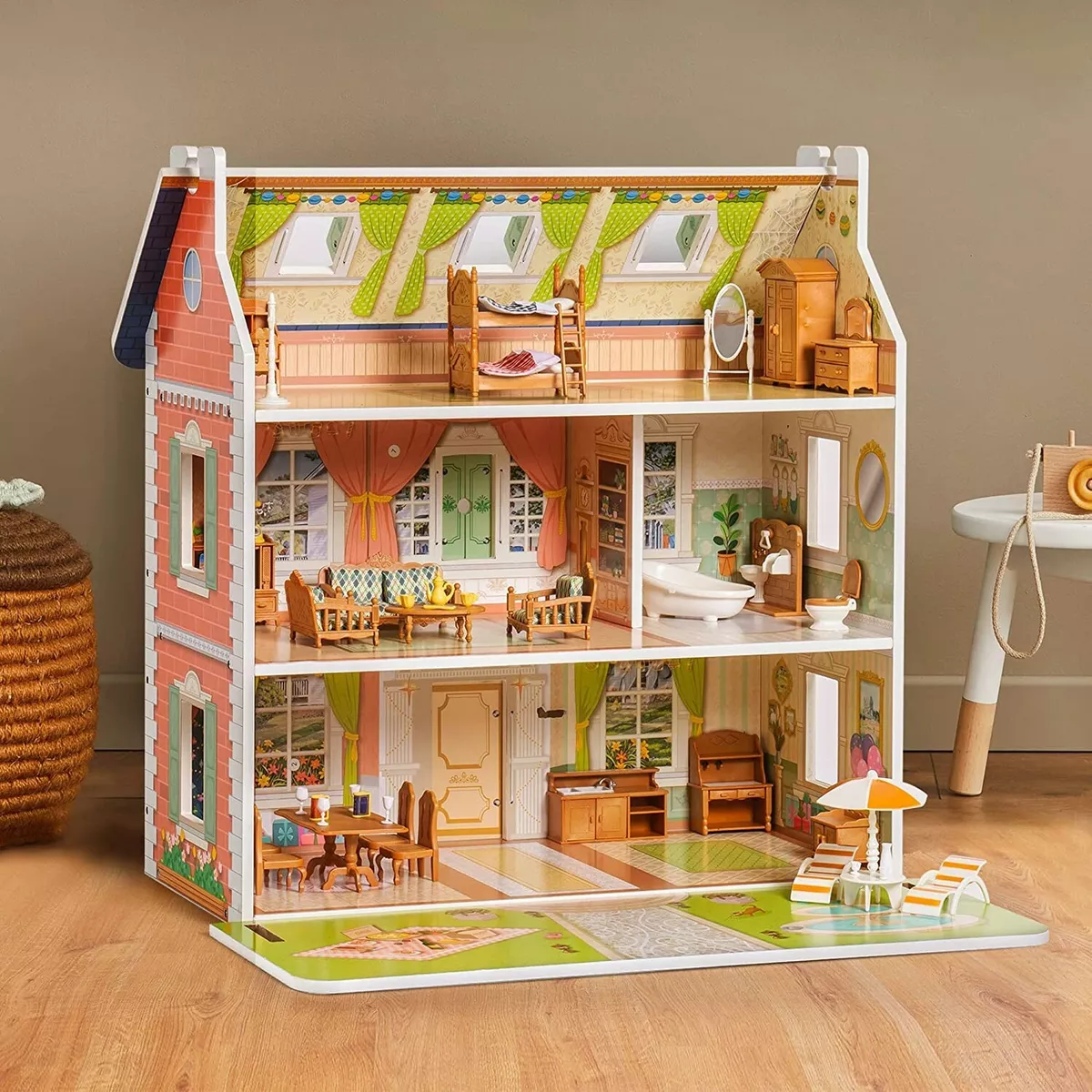 TEMI Doll House with 2 Doll Toy Figures, 4-Story 10 Rooms Dollhouse with  Accessories and Furniture, Toddler Playhouse Gift for Kids Ages 3 Toys for  3