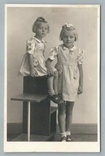 Blonde Sister Girls in Pretty Flower Dresses RPPC Vintage Studio Photo 1940s