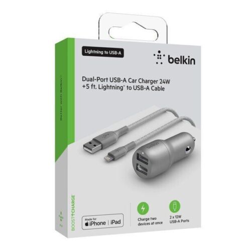 NEW Belkin 24W DualPort USB Car Charger + 5 Lightning to USB Cable MFI CERTIFIED - Afbeelding 1 van 4