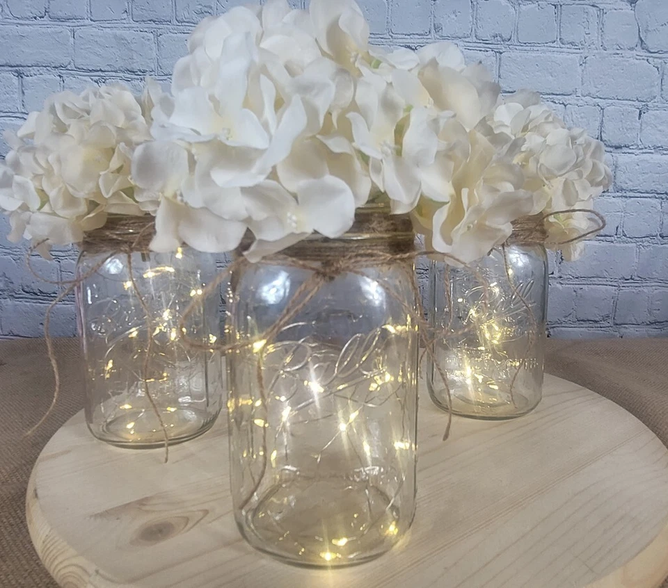 Lighted Mason Jar Centerpiece Set with Jute Bow and Floral Stems - Image 2 of 4