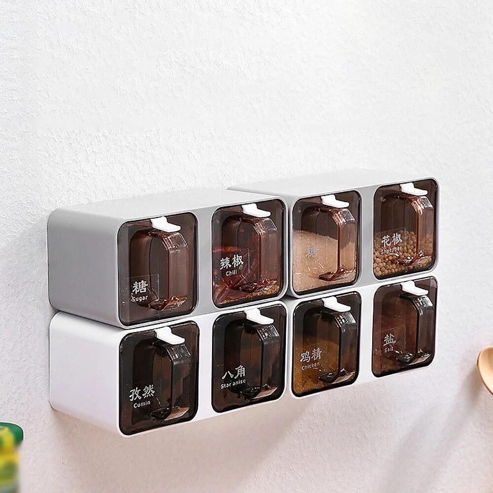 4 Grids Seasoning Organizer Box Wall Mount Spice Rack Storage Punch-free